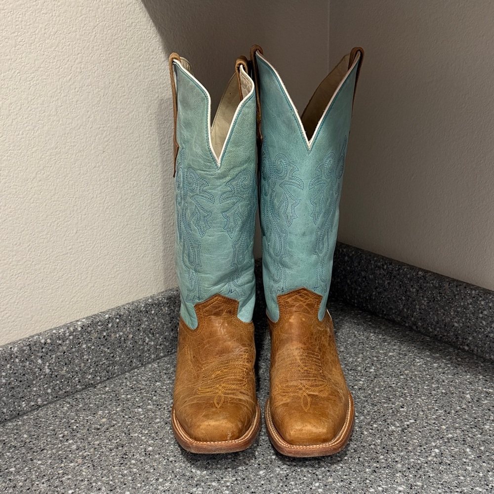 J.B. Dillon Western Cowboy Boots Women’s Turquoise and Brown Leather - Size 10B - Picture 4 of 6